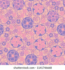 A seamless pattern made up of primitive drawings of multicolored flowers.
The painting is located on the background of a texture consisting of carelessly drawn cross-shaped objects.