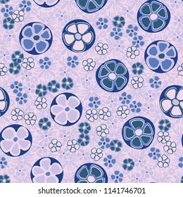 A seamless pattern made up of primitive drawings of multicolored flowers.
The painting is located on a background of textures consisting of eight-petalled symbolic flowers.