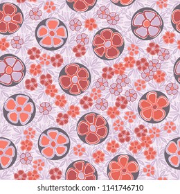 A seamless pattern made up of primitive drawings of multicolored flowers.
The painting is located on a background of textures consisting of eight-petalled symbolic flowers.