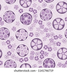 A seamless pattern made up of primitive drawings of multicolored flowers.
The painting is located on a background of textures consisting of eight-petalled symbolic flowers.