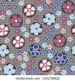 A seamless pattern made up of primitive drawings of multicolored flowers.
The picture is located on a background of a texture consisting of four-beam stars inscribed in squares.