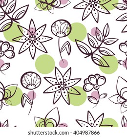 Seamless pattern made from purple hand drawn flowers and colored circles on white background. Vector illustration.