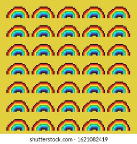 Seamless pattern made of rainbows in pixel art 8-bit style. Vaporwave retro aesthetics of 80's-90's.