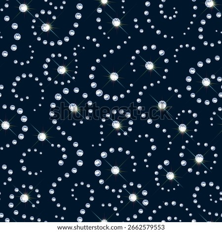 Seamless pattern made of realistic diamonds on a black background. Jewelry design curls with shiny diamonds. Banner, poster, gift card, invitation template. 