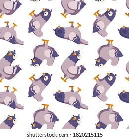 Seamless pattern made with rock doves. Bluish pigeons in motion – walking and eating grains. Simplified image of gray birds group. Vector flat illustration.

