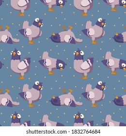 Seamless pattern made with rock doves. Bluish pigeons in motion – walking and eating grains. Simplified image of gray birds group. Vector flat illustration.
