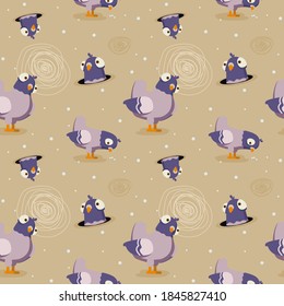 Seamless pattern made with rock doves. Bluish pigeons in motion – walking and eating grains. Simplified image of gray birds group. Vector flat illustration.
