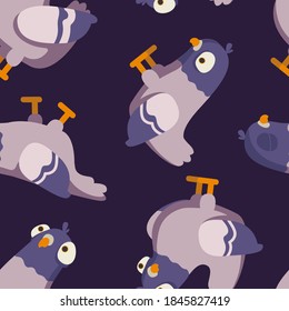 Seamless pattern made with rock doves. Bluish pigeons in motion – walking and eating grains. Simplified image of gray birds group. Vector flat illustration.
