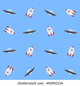 Seamless pattern made of rocket and UFO. Pattern is in swatches panel