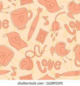 Seamless pattern made of romantic design elements vector. Cup, stamp, bird, flower, pendant, inscription, notes, pen and heart.