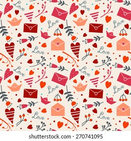 Seamless Pattern made of romantic signs: hearts, paper ships, messages and  flowers. Ideal for invitations, birthday card and Valentines Day card. 