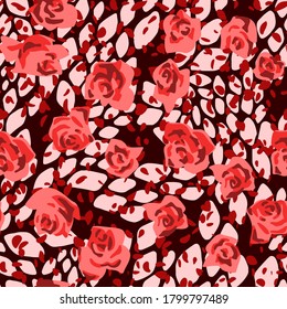Patrón sin costura hecho de barras de rosas con formas geométricas en el fondo. Deja el estilo de papel. Collage floral. Fondo botánico de verano. Motivo de la naturaleza para la textura textil y de tela.