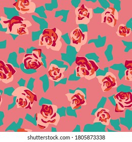 Seamless pattern made of roses buds with irregular geometric shapes on background. Cut out paper style. Floral collage. Summer botanical background. Nature motif for textile and fabric texture.