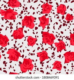 Nahtlose Muster aus Rosenknospen mit verstreuten Blütenblättern. Flach geschnittenes Papier. Blumencollage. Sommerbotanischer Hintergrund auf moderne Weise. Naturmotiv für Textil- und Stoffmuster.