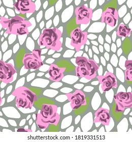 Seamless pattern made of roses buds with geometric shapes on background. Cut out paper style. Floral collage. Summer botanical background. Nature motif for textile and fabric texture.