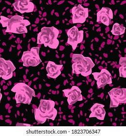 Seamless pattern made of roses buds with petals scattered. Flat cut out paper style. Floral collage. Summer botanical background in modern manner. Nature motif for textile and fabric texture.