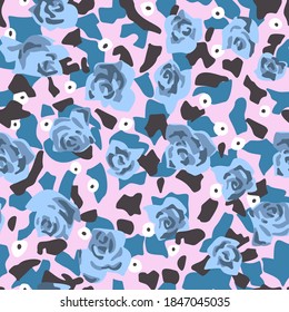 Seamless pattern made of roses buds with irregular geometric shapes on background. Cut out paper style. Floral collage. Summer botanical background. Nature motif for textile and fabric texture.