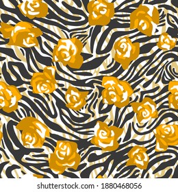 Seamless pattern made of roses buds with zebra stripes skin background. Cut out paper collage style. Mixed print. Summer botanical background. Nature motif for textile and fabric texture.