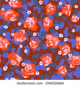 Seamless pattern made of roses buds with irregular geometric shapes on background. Cut out paper style. Floral collage. Summer botanical background. Nature motif for textile and fabric texture.