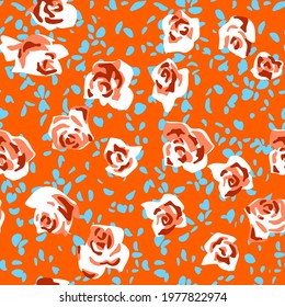Seamless pattern made of roses buds with petals scattered. Flat cut out paper style. Floral collage. Summer botanical background in modern manner. Nature motif for textile and fabric texture.