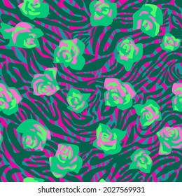 Seamless pattern made of roses buds with zebra stripes skin background. Cut out paper collage style. Mixed print. Summer botanical background. Nature motif for textile and fabric texture.