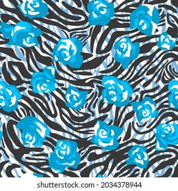 Seamless pattern made of roses buds with zebra stripes skin background. Cut out paper collage style. Mixed print. Summer botanical background. Nature motif for textile and fabric texture.
