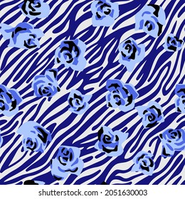 Seamless pattern made of roses buds with zebra stripes skin background. Cut out paper collage style. Mixed print. Summer botanical background. Nature motif for textile and fabric texture.