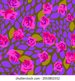 Patrón sin costura hecho de barras de rosas con formas geométricas en el fondo. Deja el estilo de papel. Collage floral. Fondo botánico de verano. Textura de piel de serpiente animal.