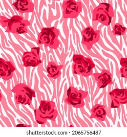 Seamless pattern made of roses buds with zebra stripes skin background. Cut out paper collage style. Mixed print. Summer botanical background. Nature motif for textile and fabric texture.