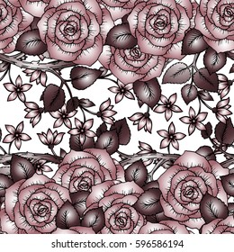 Seamless pattern made of roses hand - drawn. Pink beige roses and little flowers. Vintage elegant style with thin smooth lines. Template for greeting card or invitation, banner, or textile design