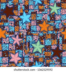 A seamless pattern made up of roughly painted starfish, with a background texture.