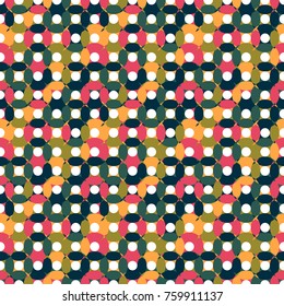 Seamless pattern made of round shapes in different shades of green, blue and yellow with bright pink details with white centers, oval and round shapes