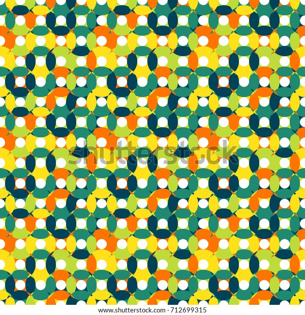 Seamless pattern made of round shapes in bright\
and vivid kids colors - green, orange, yellow navy, blue with white\
centers, oval and round\
shapes