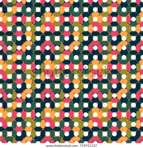 Seamless pattern made of round shapes in different\
shades of green, blue and yellow with bright pink details with\
white centers, oval and round\
shapes