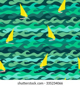 Seamless pattern made of sea waves and yachts