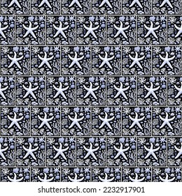 Seamless pattern made of seaweed, starfish and corals