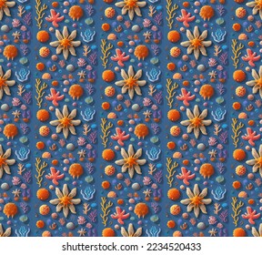 Seamless pattern made of seaweed, starfish and corals