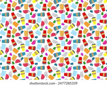 Seamless pattern made of several cup - several size, form, shape and color. Components of pattern grouped - you can make bigger size of symbols and pattern. White background (backdrop). Drink.