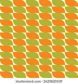 A seamless pattern made of shapes with parellel curved corners stacked in alternating orange and green colors.