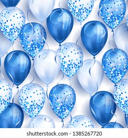 Seamless pattern made of shiny blue realistic 3D helium balloons for your design. Glossy balloons with glitter and ribbon, perfect decoration for birthday party brochures, invitation card 