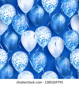 Seamless pattern made of shiny blue realistic 3D helium balloons for your design. Glossy balloons with glitter and ribbon, perfect decoration for birthday party brochures, invitation card 