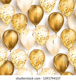 Seamless pattern made of shiny gold realistic 3D helium balloons for your design. Glossy balloons with glitter and ribbon, perfect decoration for birthday party brochures, invitation card