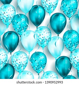Seamless pattern made of shiny green realistic 3D helium balloons for your design. Glossy balloons with glitter and ribbon, perfect decoration for birthday party brochures, invitation card