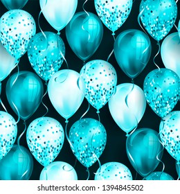 Seamless pattern made of shiny green realistic 3D helium balloons for your design. Glossy balloons with glitter and ribbon, perfect decoration for birthday party brochures, invitation card