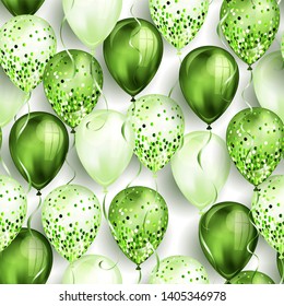 Seamless pattern made of shiny green realistic 3D helium balloons for your design. Glossy balloons with glitter and ribbon, perfect decoration for birthday party brochures, invitation card