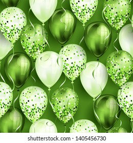 Seamless pattern made of shiny green realistic 3D helium balloons for your design. Glossy balloons with glitter and ribbon, perfect decoration for birthday party brochures, invitation card