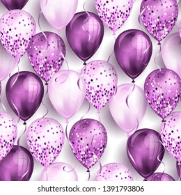 Seamless pattern made of shiny purple realistic 3D helium balloons for your design. Glossy balloons with glitter and ribbon, perfect decoration for birthday party brochures, invitation card 