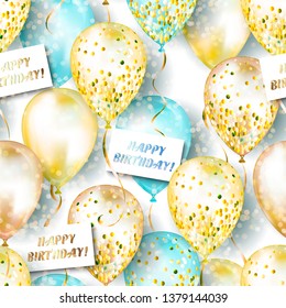 Seamless pattern made of shiny realistic 3D helium balloons for your design. Glossy balloons with glitter and ribbon, perfect decoration for birthday party brochures, invitation card or baby shower.