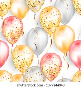 Seamless pattern made of shiny realistic 3D helium balloons for your design. Glossy balloons with glitter and ribbon, perfect decoration for birthday party brochures, invitation card or baby shower.