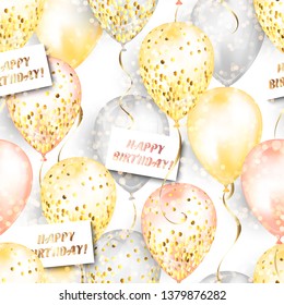 Seamless pattern made of shiny realistic 3D helium balloons for your design. Glossy balloons with glitter and ribbon, perfect decoration for birthday party brochures, invitation card or baby shower.